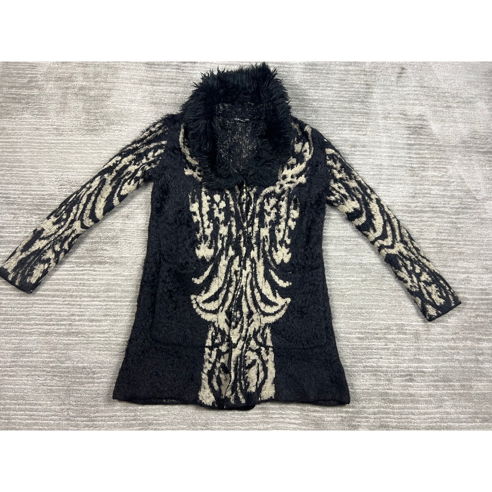 Black River Cardigan Womens XS Black Beige Damask Faux Fur Collar Eyelash Knit